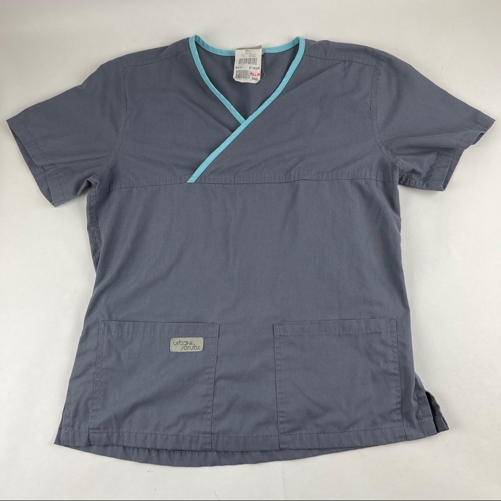 Urbane Scrub Top Womens Small Gray Pockets Vneck Short Sleeve